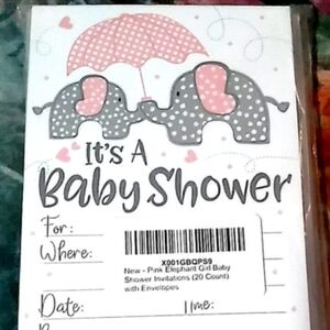 M & H INVITES PINK ELEPHANT BABY GIRL 20 COUNT CARDS & ENVELOPES POLKA DOT HEART